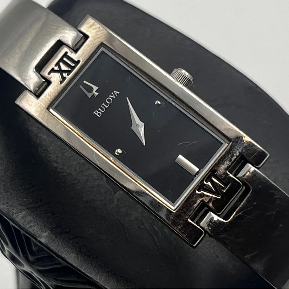 Bulova Womens Watch Silver Tone Rectangle Black Dial 6.25" New Battery - Picture 2 of 14